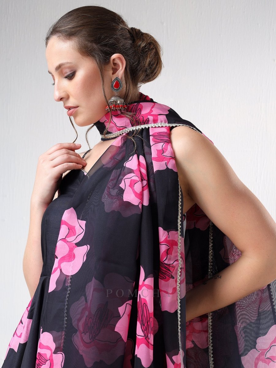 SADABHAR BLACK CARNATION ORGANZA ANARKALI SET - Pomcha Jaipur