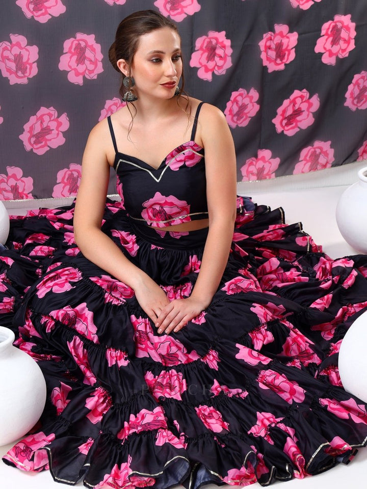 SADABHAR BLACK CARNATION ORGANZA TIERED LEHENGA SET - Pomcha Jaipur