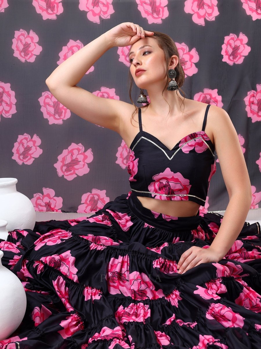 SADABHAR BLACK CARNATION ORGANZA TIERED LEHENGA SET - Pomcha Jaipur