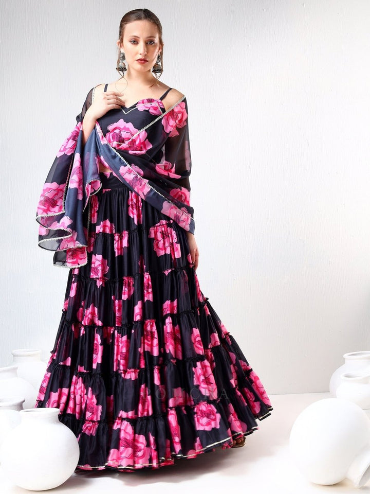 SADABHAR BLACK CARNATION ORGANZA TIERED LEHENGA SET - Pomcha Jaipur
