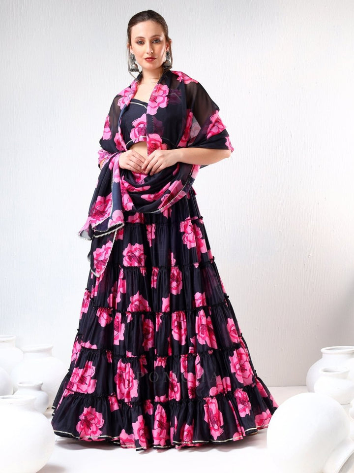 SADABHAR BLACK CARNATION ORGANZA TIERED LEHENGA SET - Pomcha Jaipur