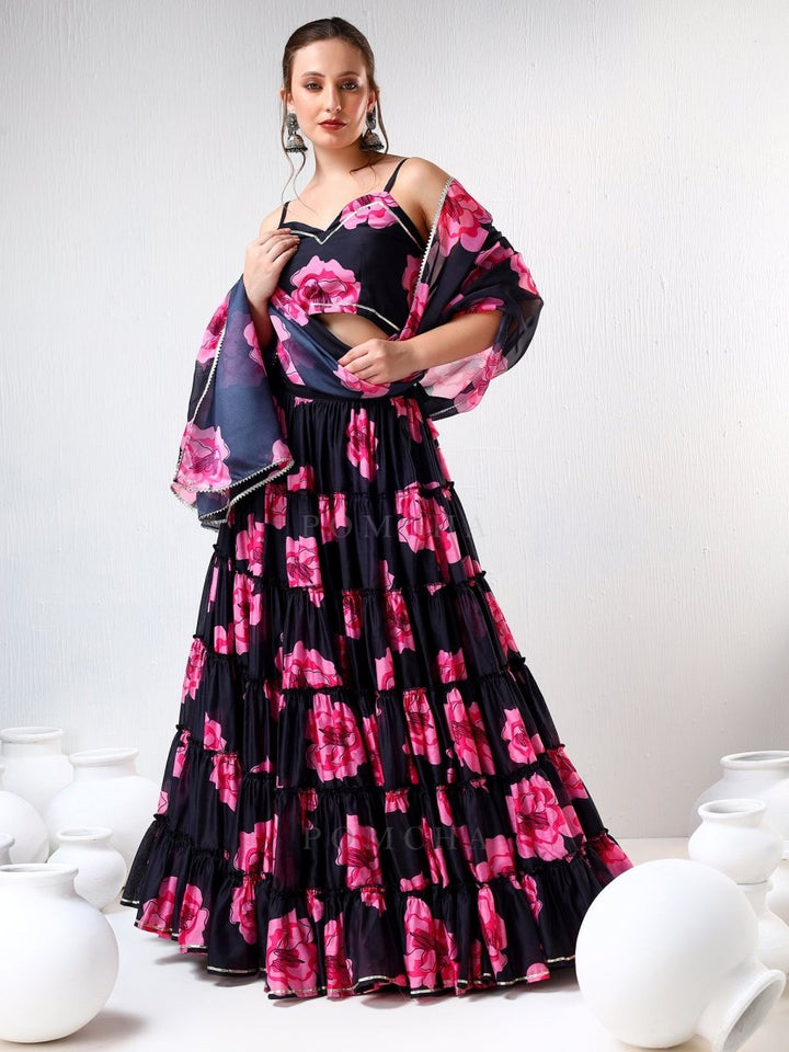 SADABHAR BLACK CARNATION ORGANZA TIERED LEHENGA SET - Pomcha Jaipur