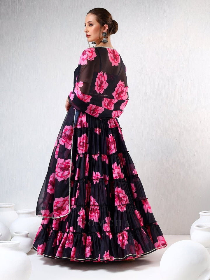 SADABHAR BLACK CARNATION ORGANZA TIERED LEHENGA SET - Pomcha Jaipur