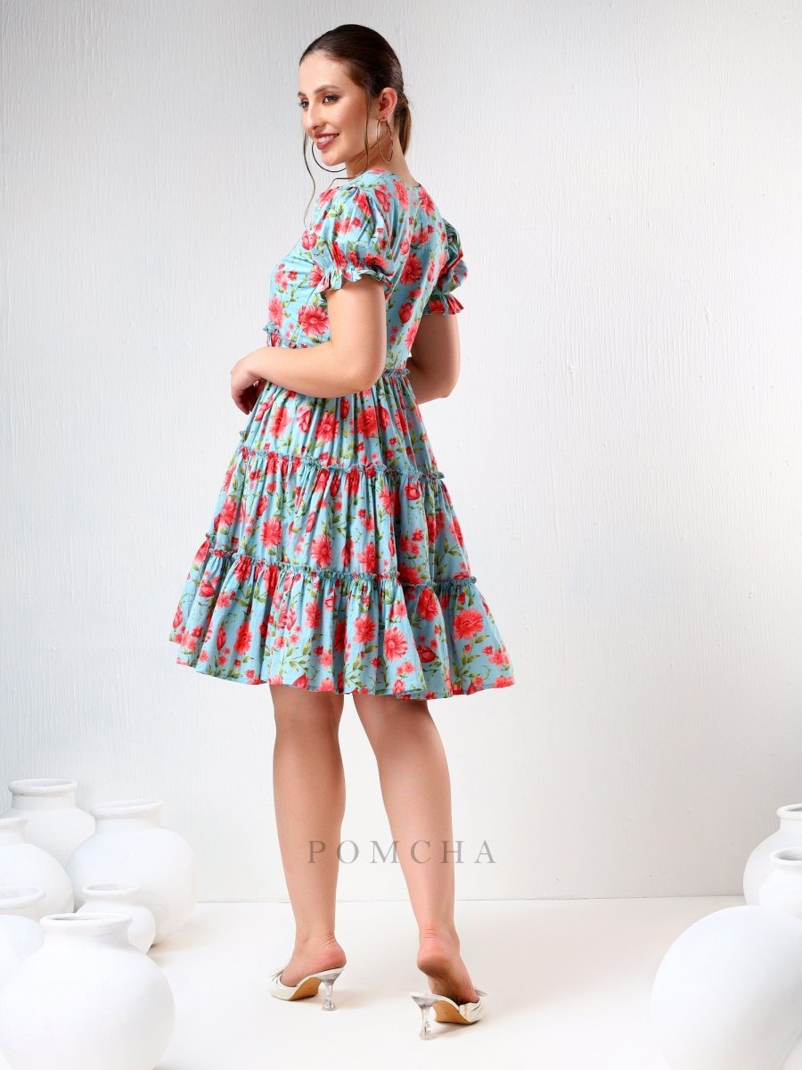SADABHAR BLUE FLORAL PRINT COTTON TIERED DRESS - Pomcha Jaipur