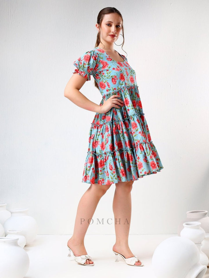 SADABHAR BLUE FLORAL PRINT COTTON TIERED DRESS - Pomcha Jaipur