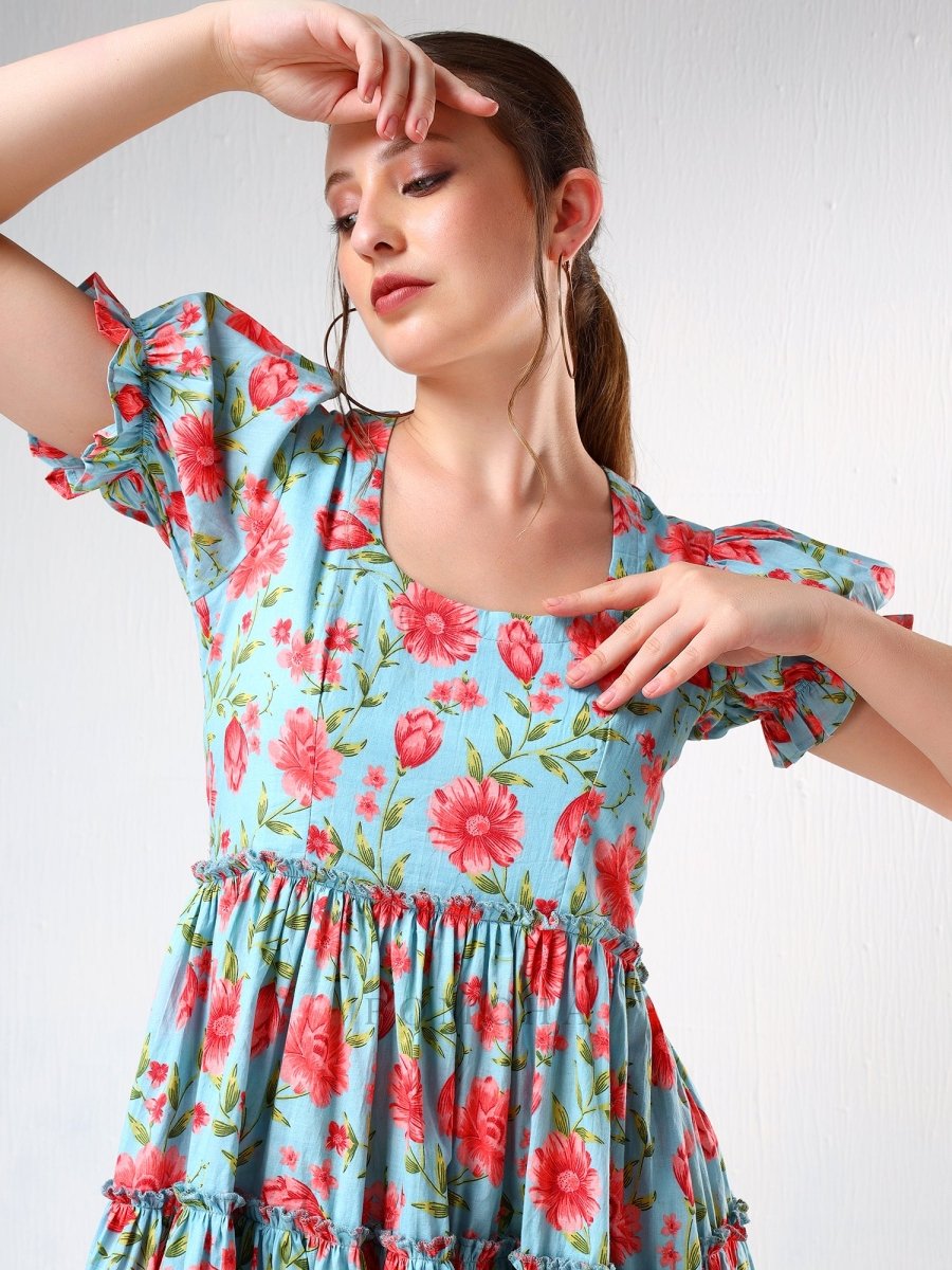 SADABHAR BLUE FLORAL PRINT COTTON TIERED DRESS - Pomcha Jaipur