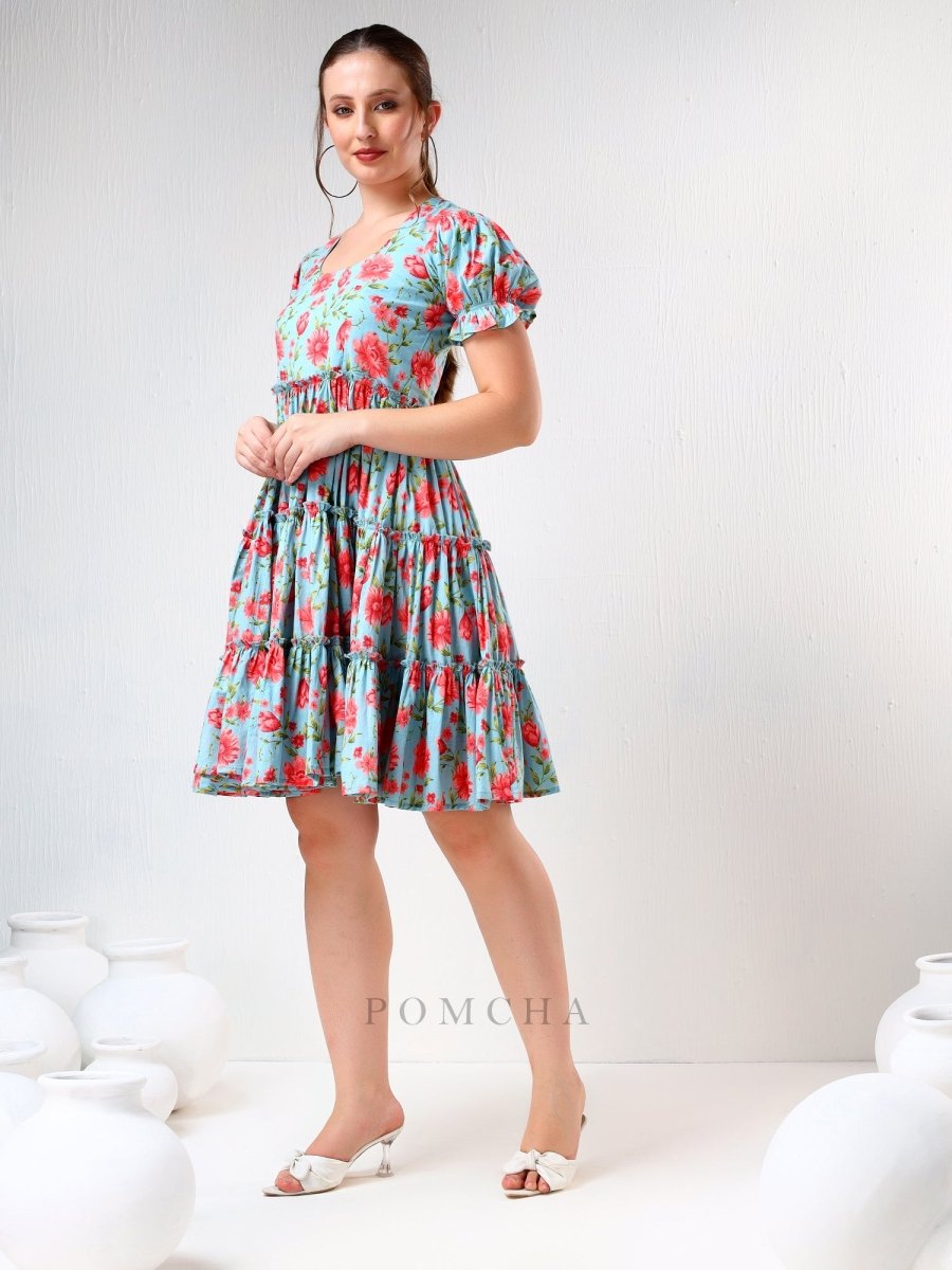 SADABHAR BLUE FLORAL PRINT COTTON TIERED DRESS - Pomcha Jaipur