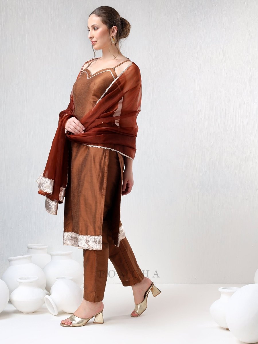 SADABHAR BROWN COTTON SILK SUIT SET - Pomcha Jaipur