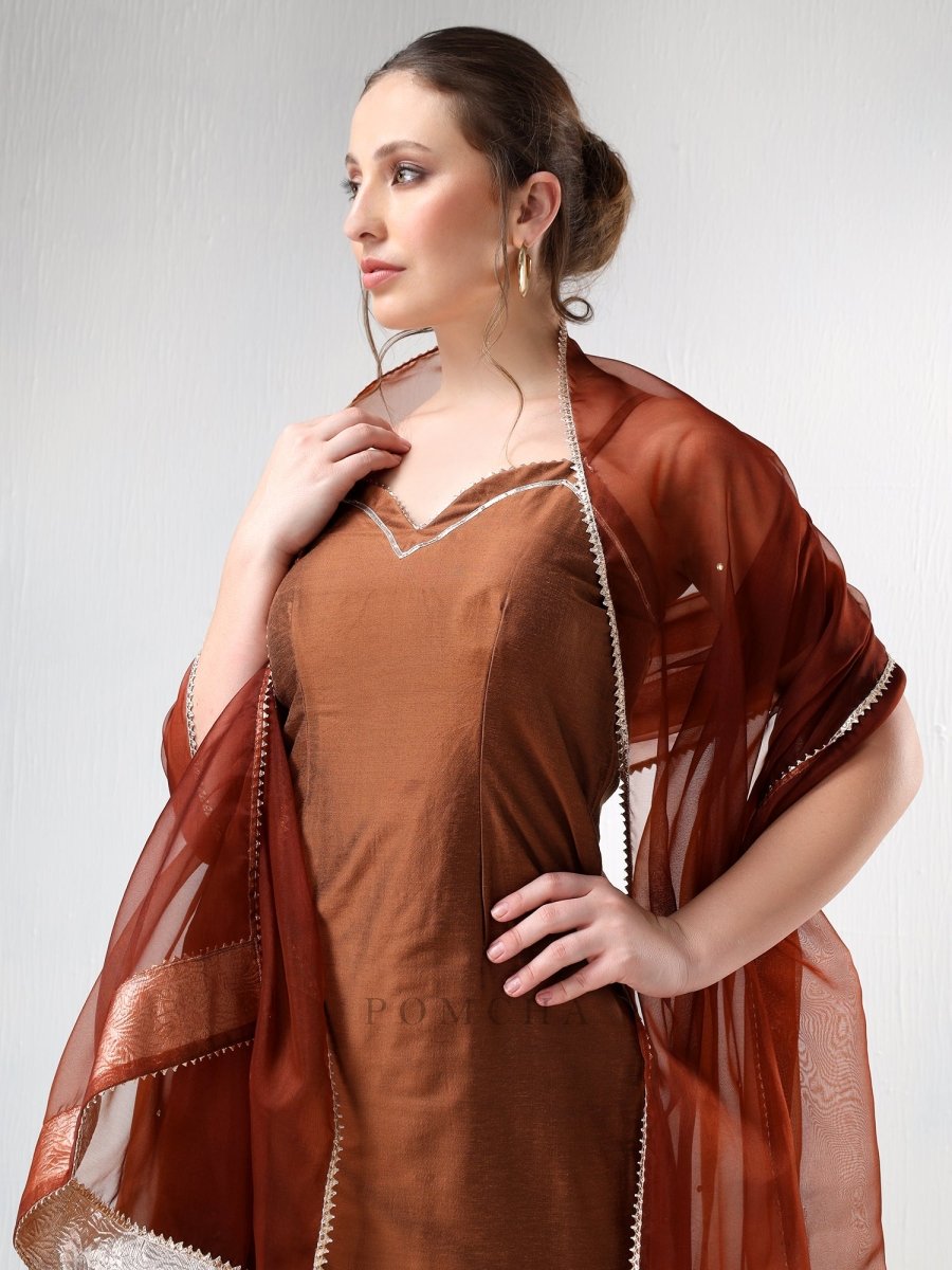 SADABHAR BROWN COTTON SILK SUIT SET - Pomcha Jaipur