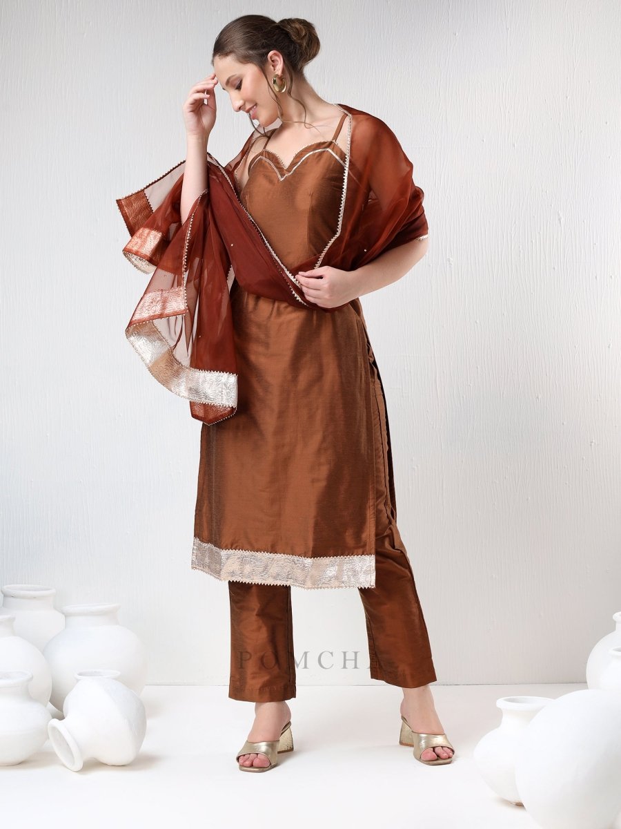 SADABHAR BROWN COTTON SILK SUIT SET - Pomcha Jaipur