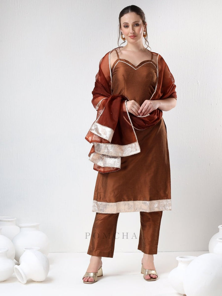SADABHAR BROWN COTTON SILK SUIT SET - Pomcha Jaipur