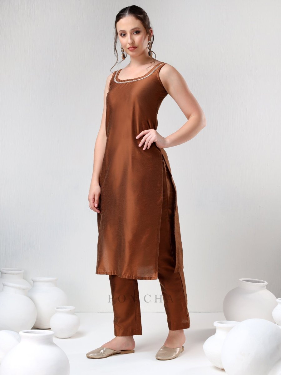 SADABHAR BROWN GOTTA JAAL SUIT SET - Pomcha Jaipur