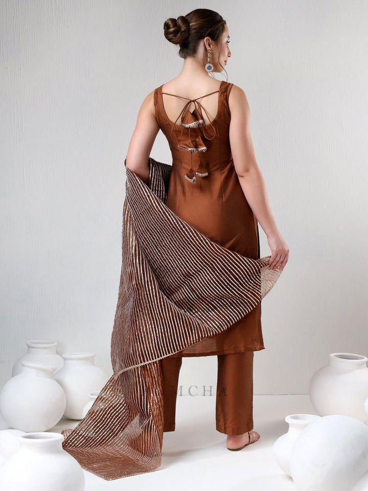 SADABHAR BROWN GOTTA JAAL SUIT SET - Pomcha Jaipur