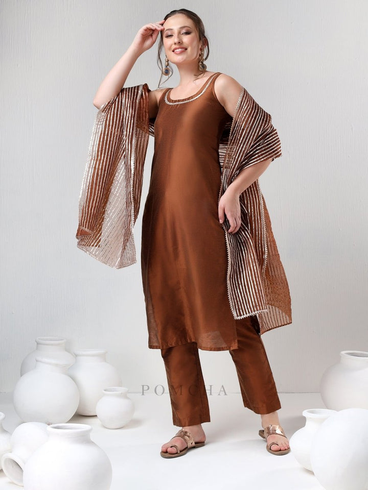 SADABHAR BROWN GOTTA JAAL SUIT SET - Pomcha Jaipur