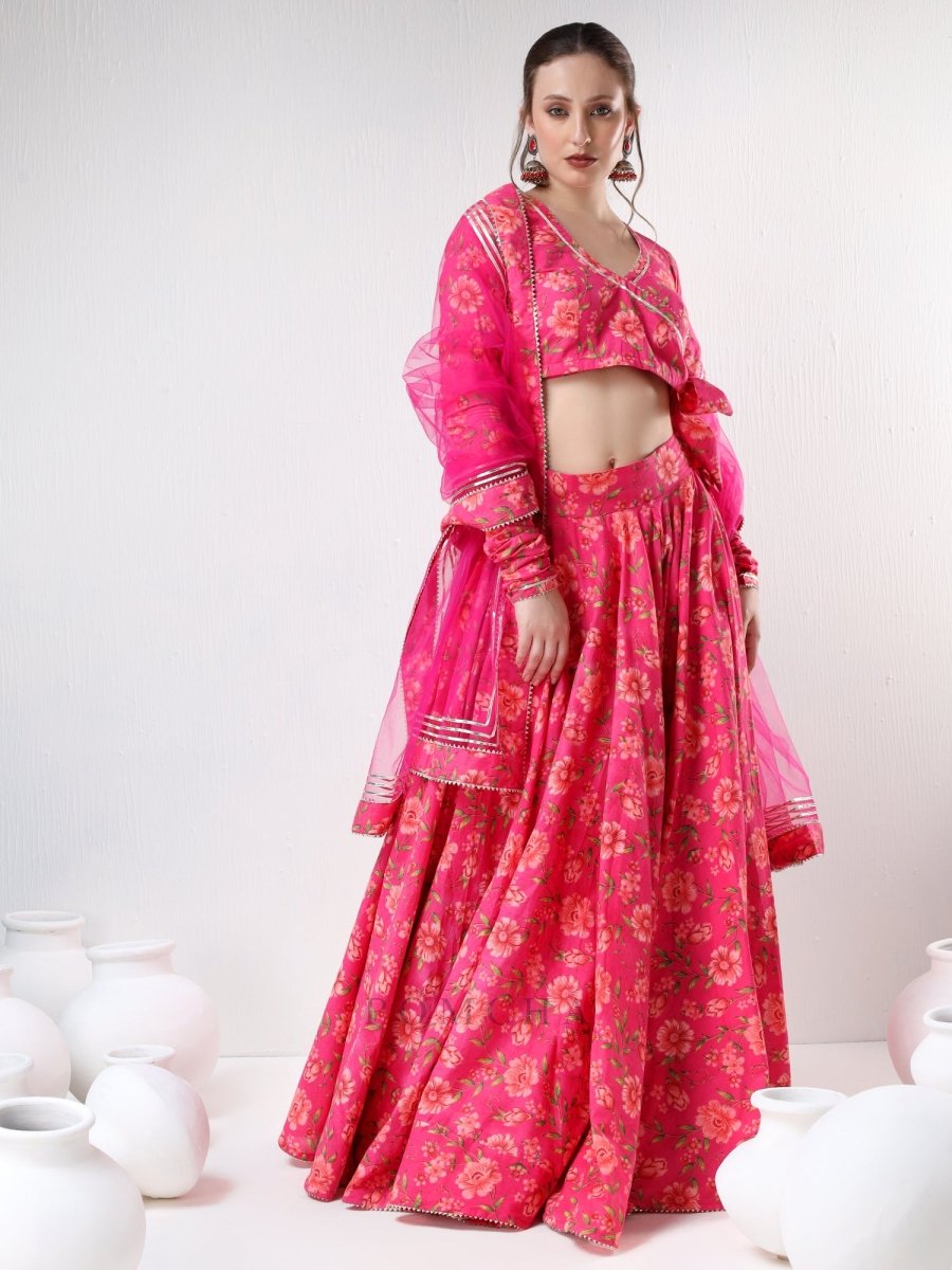SADABHAR DARK PINK FLORAL PRINT COTTON LEHENGA SET - Pomcha Jaipur