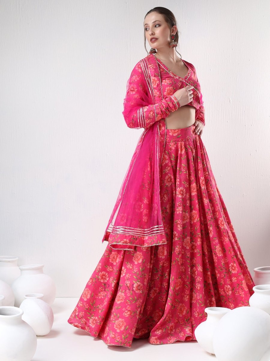 SADABHAR DARK PINK FLORAL PRINT COTTON LEHENGA SET - Pomcha Jaipur