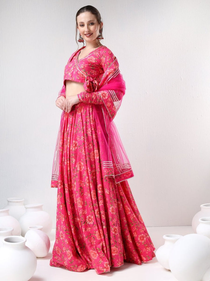 SADABHAR DARK PINK FLORAL PRINT COTTON LEHENGA SET - Pomcha Jaipur