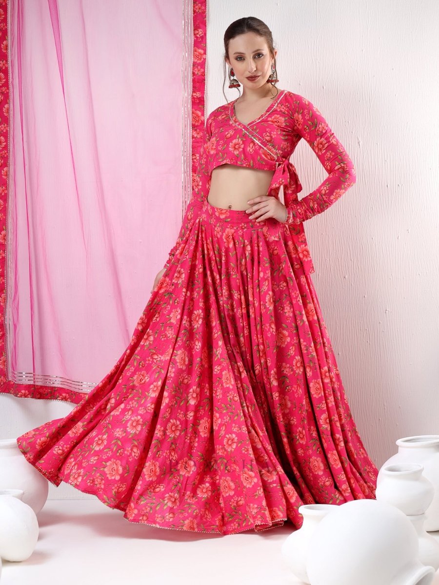 SADABHAR DARK PINK FLORAL PRINT COTTON LEHENGA SET - Pomcha Jaipur