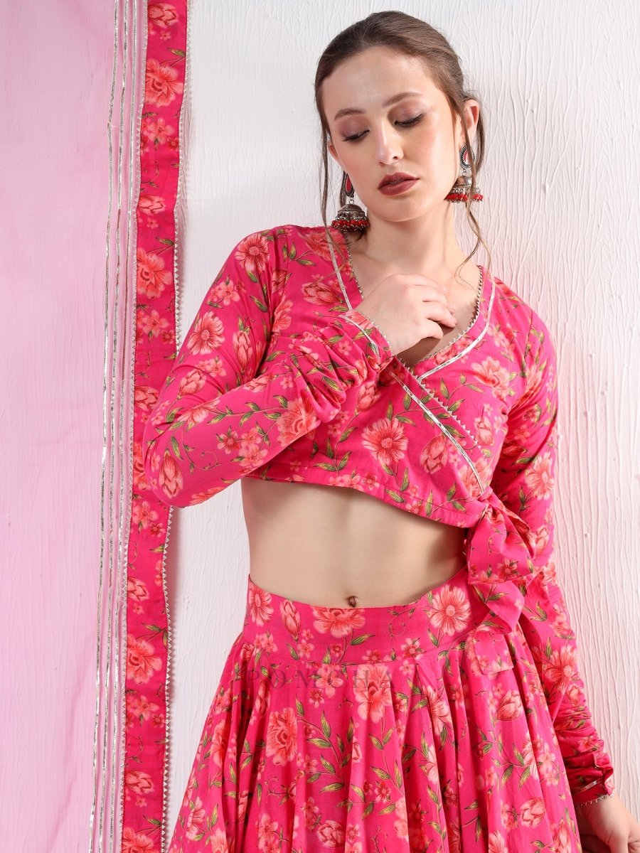 SADABHAR DARK PINK FLORAL PRINT COTTON LEHENGA SET - Pomcha Jaipur