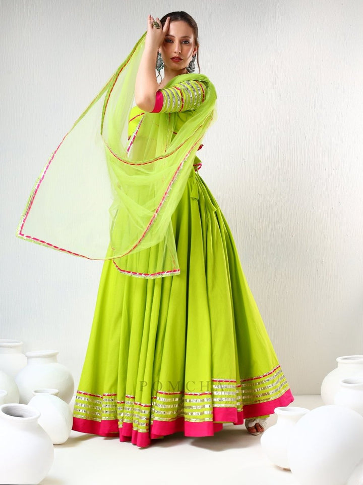 SADABHAR GULAAL GREEN GOTTA LACE WORK LEHENGA SET - Pomcha Jaipur