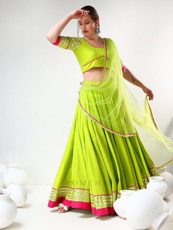 SADABHAR GULAAL GREEN GOTTA LACE WORK LEHENGA SET - Pomcha Jaipur
