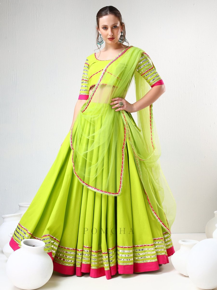 SADABHAR GULAAL GREEN GOTTA LACE WORK LEHENGA SET - Pomcha Jaipur