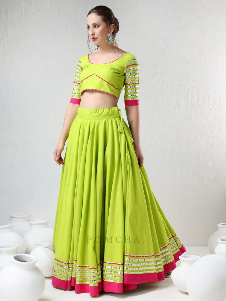 SADABHAR GULAAL GREEN GOTTA LACE WORK LEHENGA SET - Pomcha Jaipur