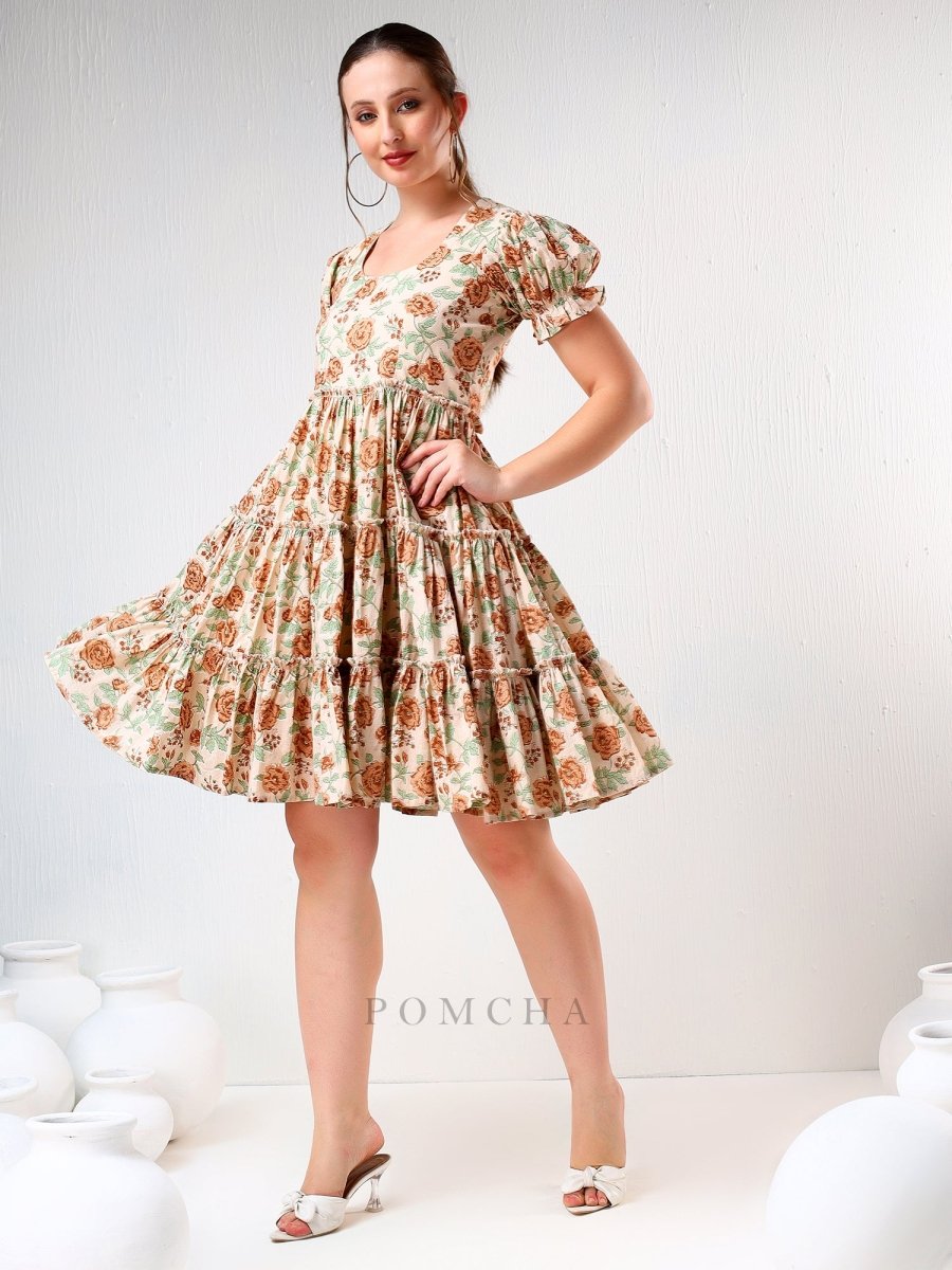SADABHAR LIGHT BROWN FLORAL PRINT COTTON TIERED DRESS - Pomcha Jaipur