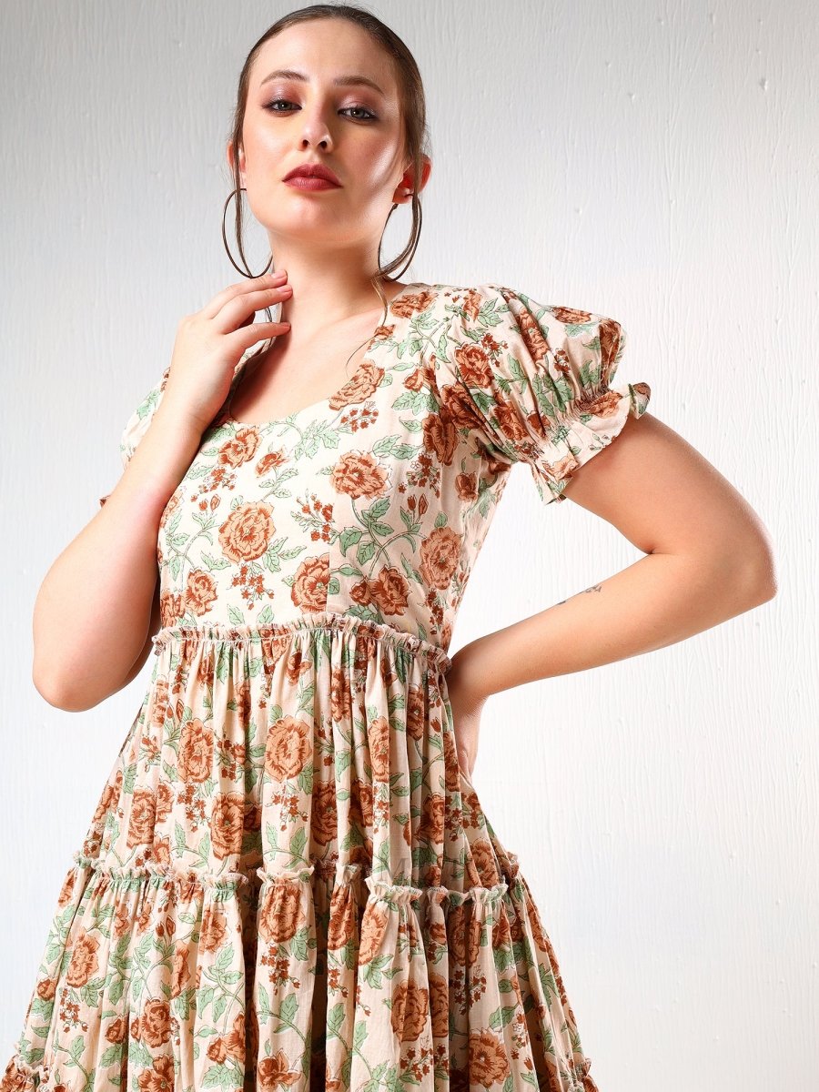 SADABHAR LIGHT BROWN FLORAL PRINT COTTON TIERED DRESS - Pomcha Jaipur