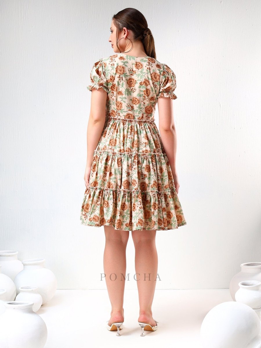 SADABHAR LIGHT BROWN FLORAL PRINT COTTON TIERED DRESS - Pomcha Jaipur
