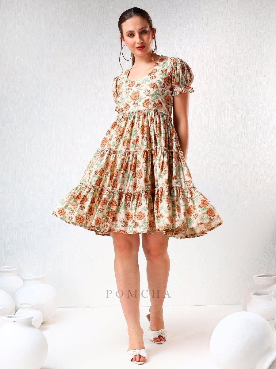 SADABHAR LIGHT BROWN FLORAL PRINT COTTON TIERED DRESS - Pomcha Jaipur