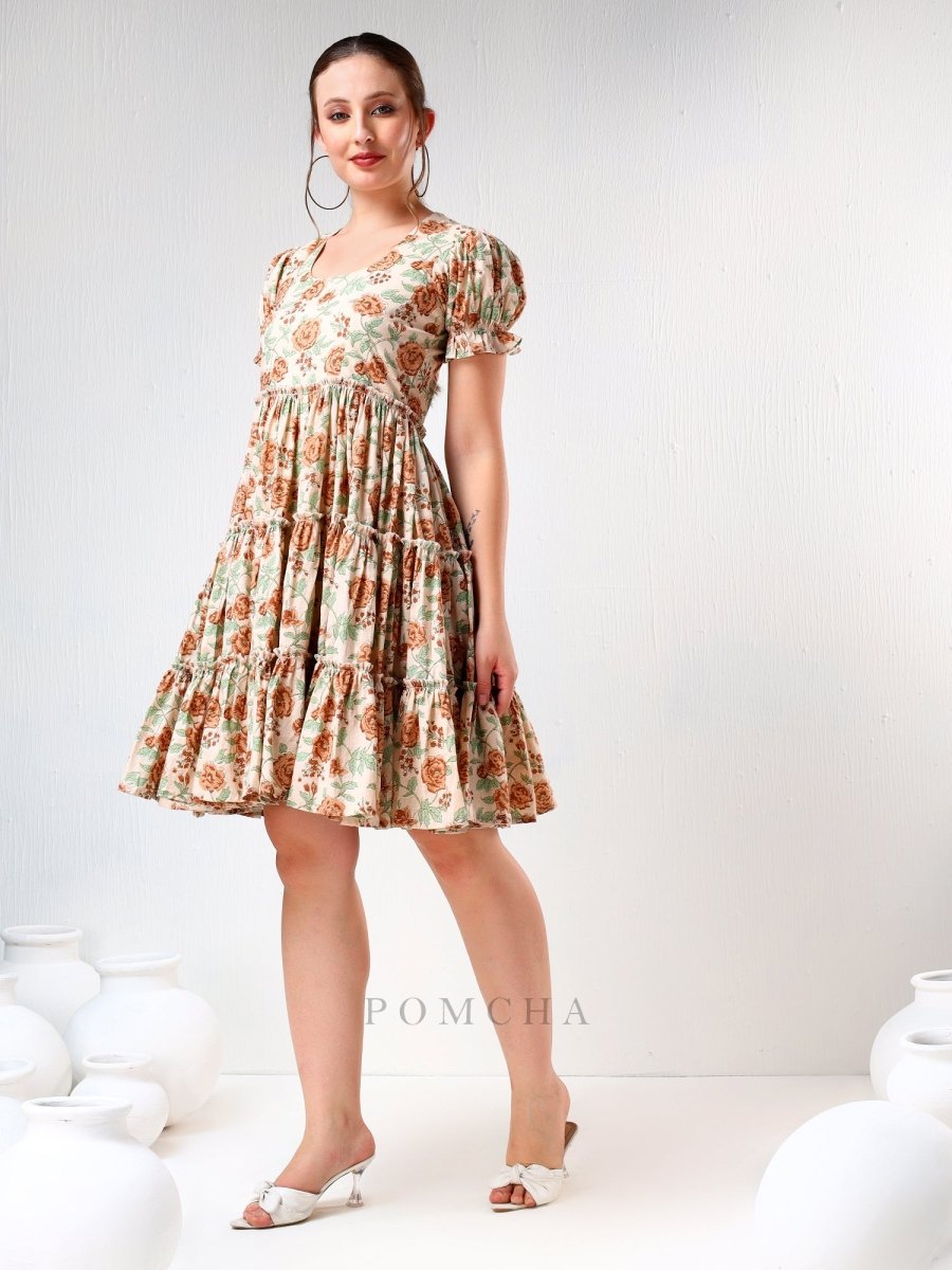 SADABHAR LIGHT BROWN FLORAL PRINT COTTON TIERED DRESS - Pomcha Jaipur