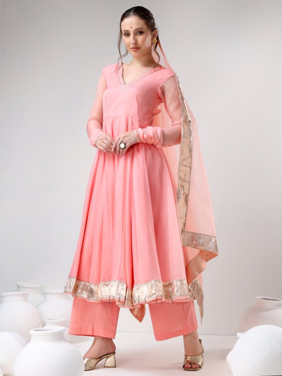 SADABHAR PEACH ORGANZA GOTTA WORK ANARKALI SET - Pomcha Jaipur
