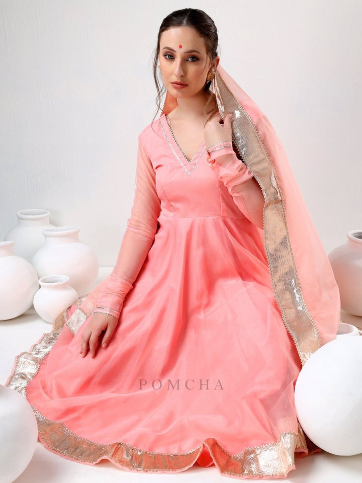 SADABHAR PEACH ORGANZA GOTTA WORK ANARKALI SET - Pomcha Jaipur