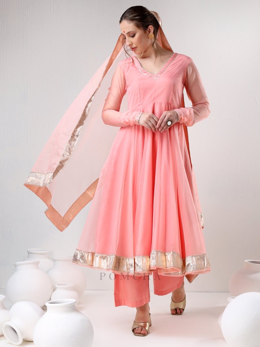 SADABHAR PEACH ORGANZA GOTTA WORK ANARKALI SET - Pomcha Jaipur