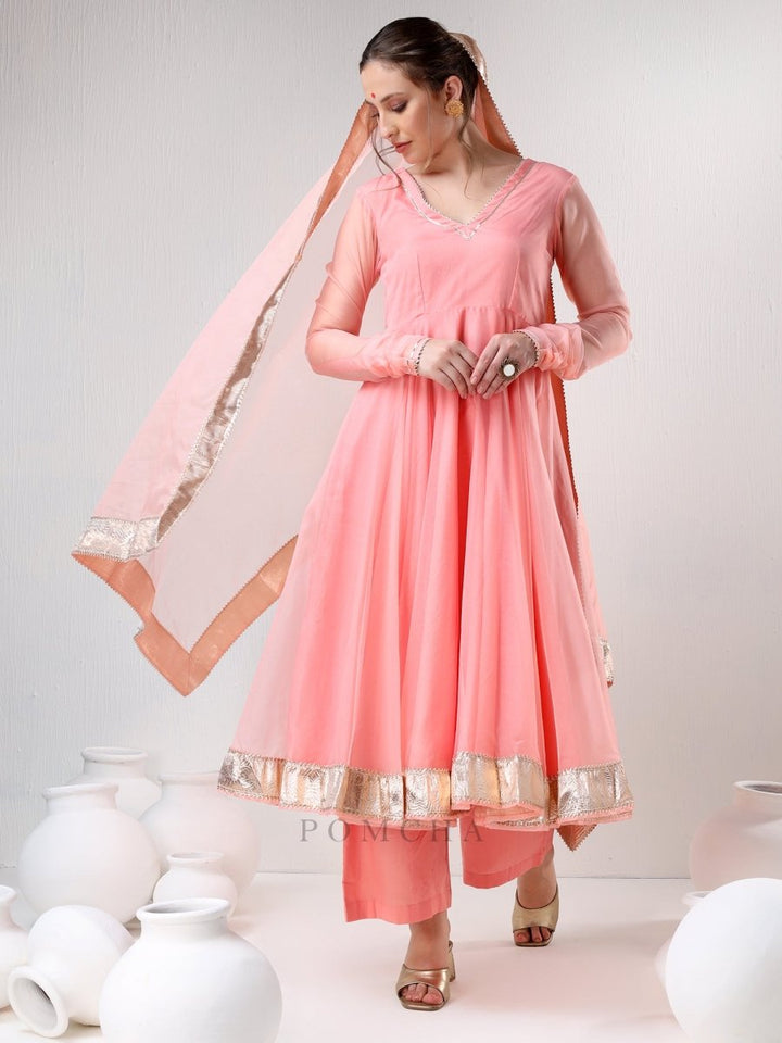 SADABHAR PEACH ORGANZA GOTTA WORK ANARKALI SET - Pomcha Jaipur