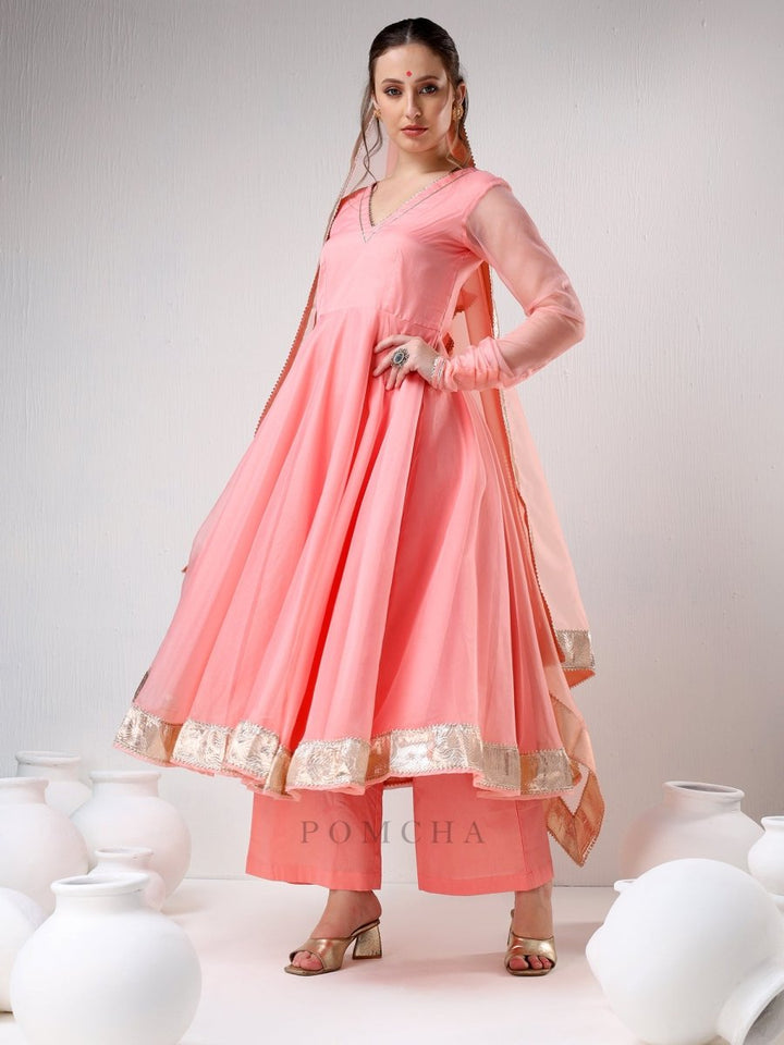 SADABHAR PEACH ORGANZA GOTTA WORK ANARKALI SET - Pomcha Jaipur