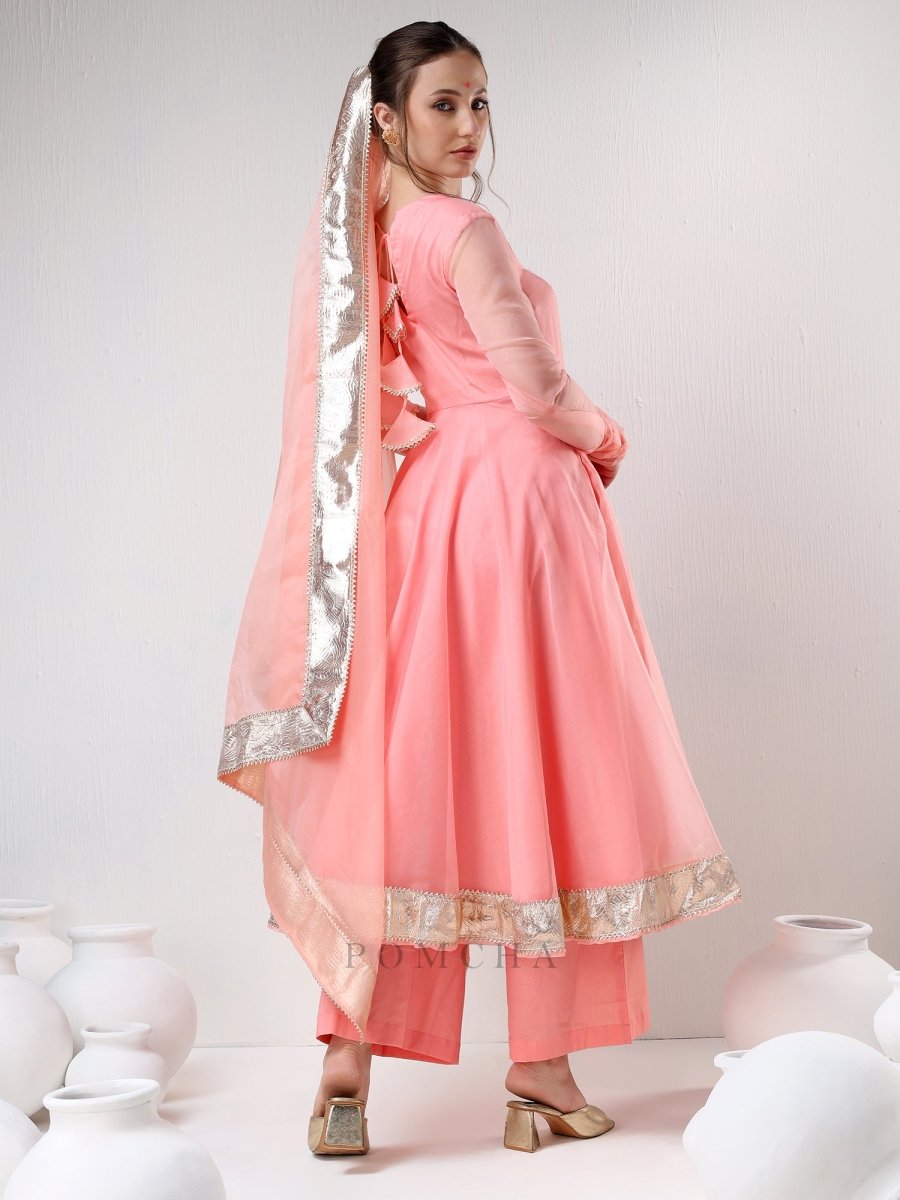 SADABHAR PEACH ORGANZA GOTTA WORK ANARKALI SET - Pomcha Jaipur