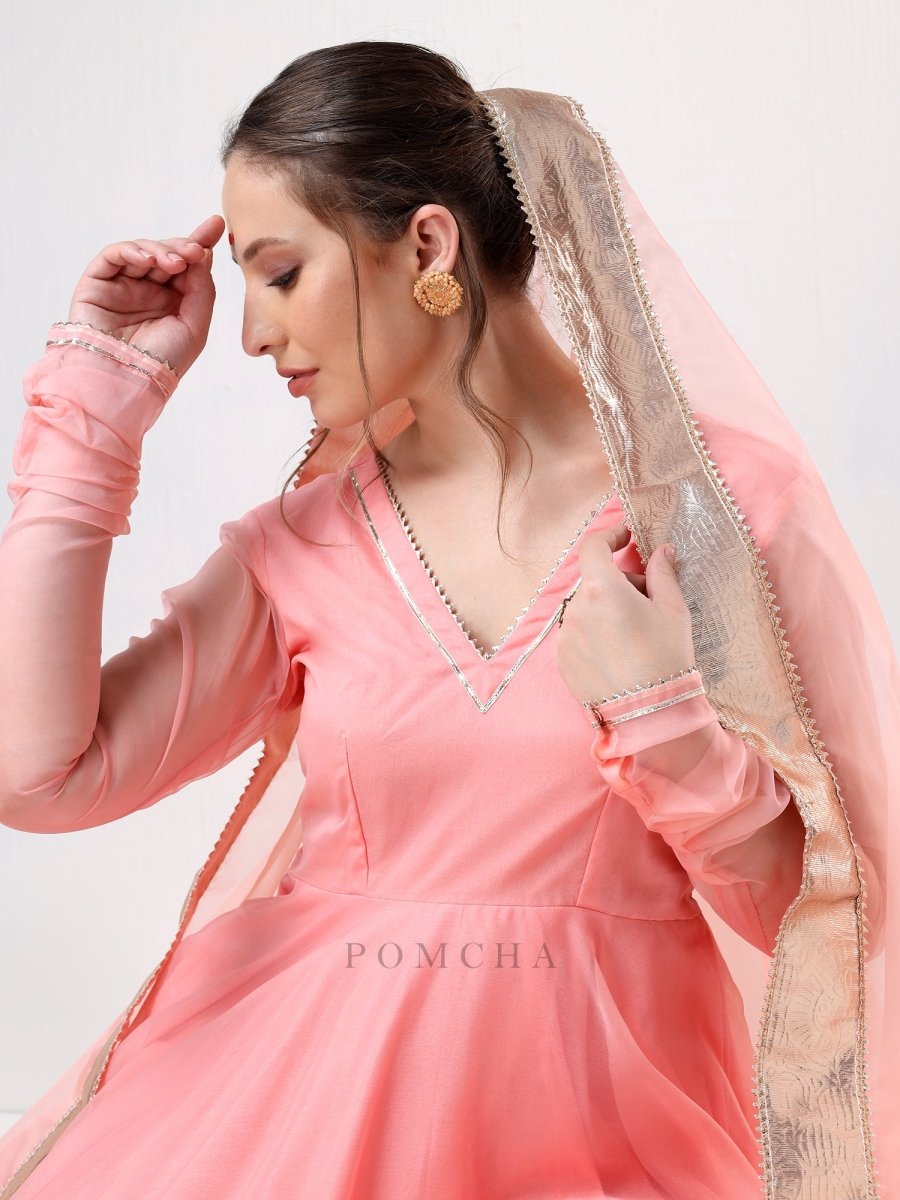 SADABHAR PEACH ORGANZA GOTTA WORK ANARKALI SET - Pomcha Jaipur