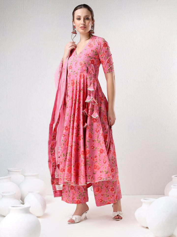 SADABHAR PINK FLORAL PRINT COTTON ANGRAKHA SET - Pomcha Jaipur