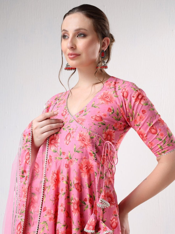 SADABHAR PINK FLORAL PRINT COTTON ANGRAKHA SET - Pomcha Jaipur