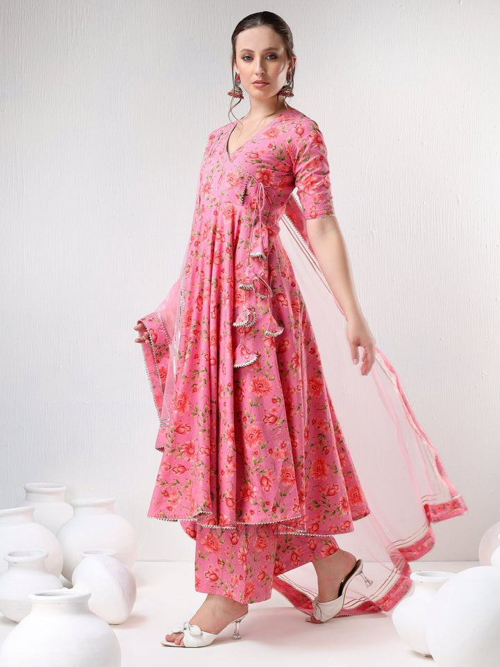 SADABHAR PINK FLORAL PRINT COTTON ANGRAKHA SET - Pomcha Jaipur
