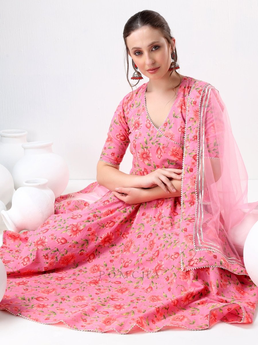 SADABHAR PINK FLORAL PRINT COTTON ANGRAKHA SET - Pomcha Jaipur