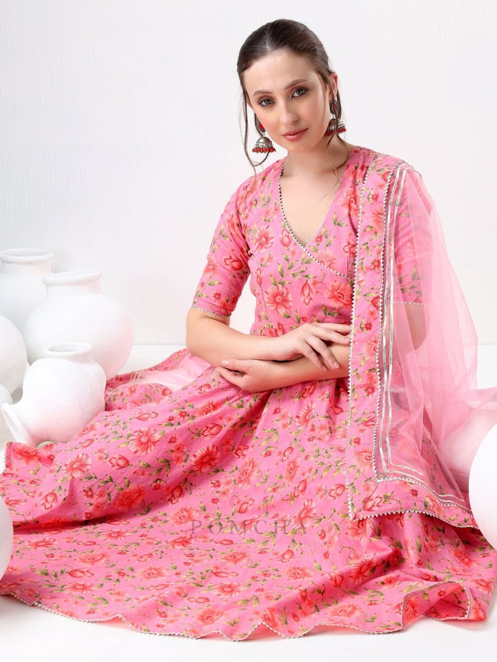 SADABHAR PINK FLORAL PRINT COTTON ANGRAKHA SET - Pomcha Jaipur