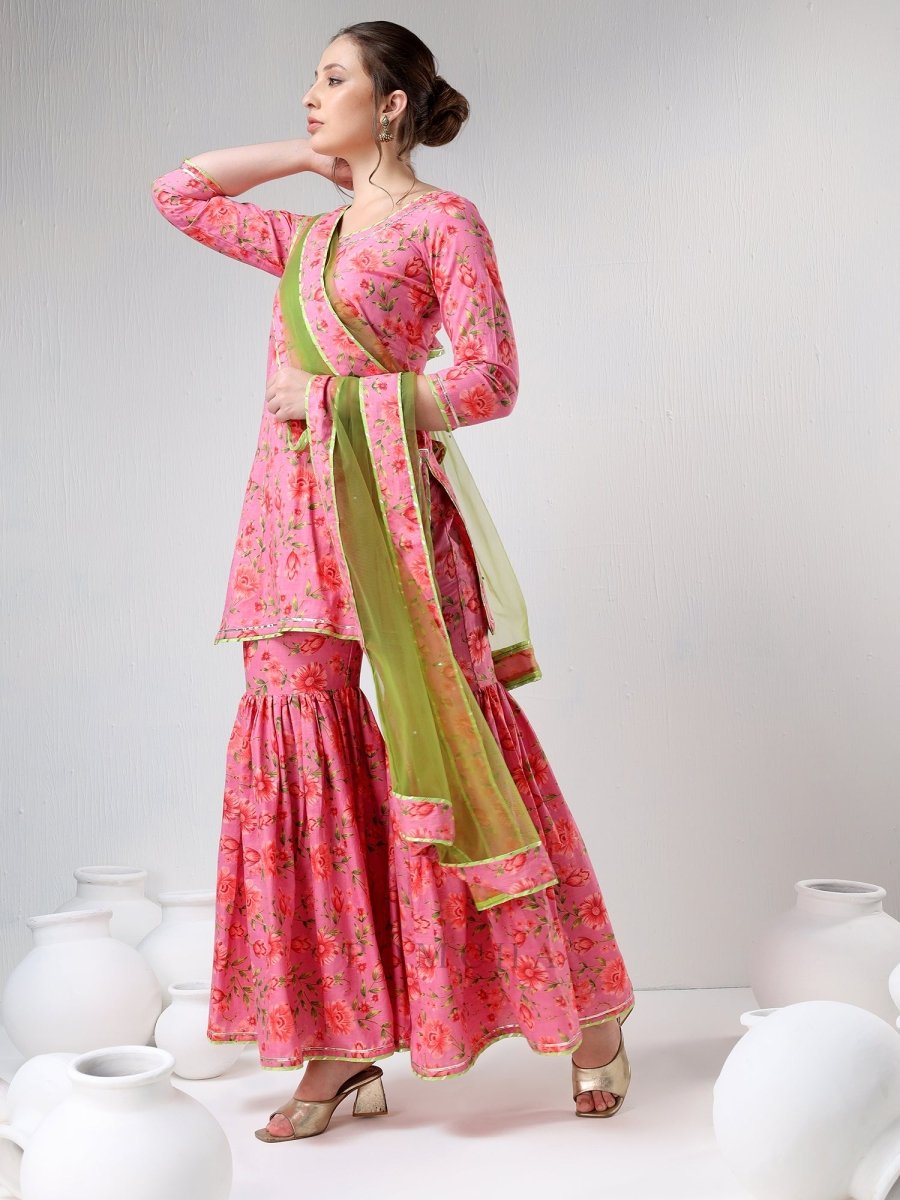 SADABHAR PINK FLORAL PRINT COTTON SHARARA SET - Pomcha Jaipur