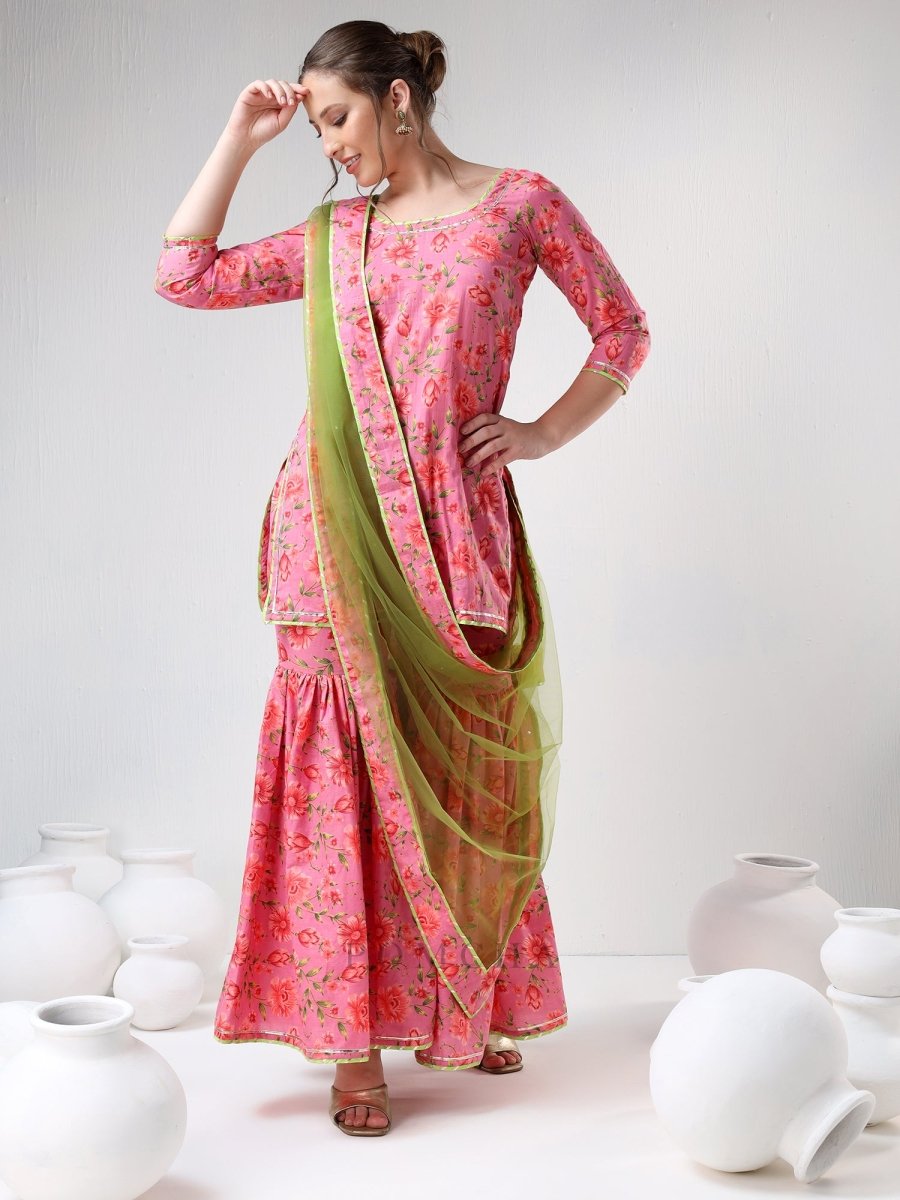 SADABHAR PINK FLORAL PRINT COTTON SHARARA SET - Pomcha Jaipur
