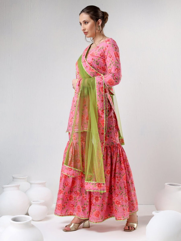 SADABHAR PINK FLORAL PRINT COTTON SHARARA SET - Pomcha Jaipur