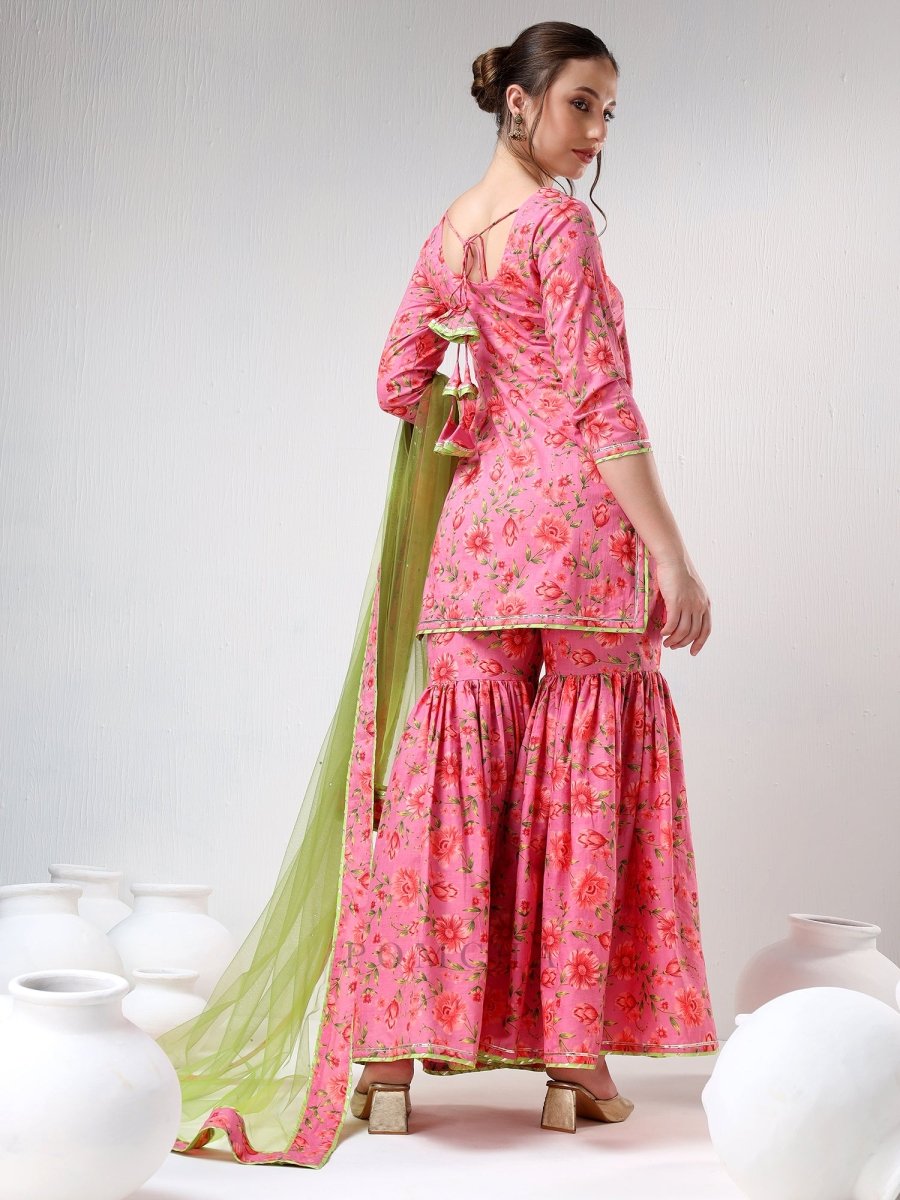 SADABHAR PINK FLORAL PRINT COTTON SHARARA SET - Pomcha Jaipur