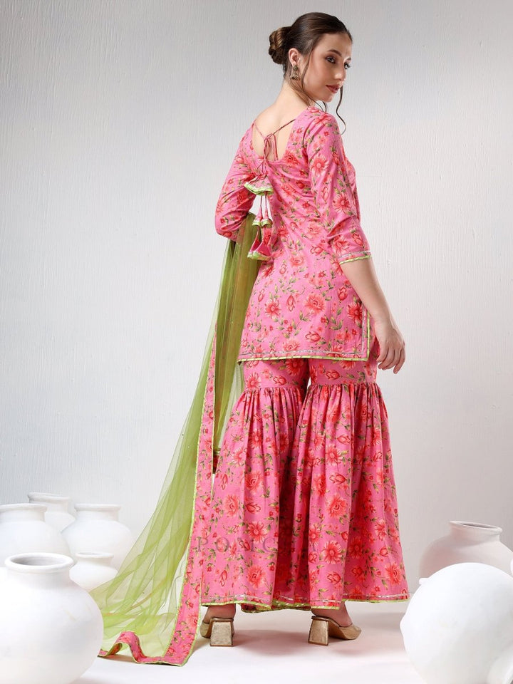 SADABHAR PINK FLORAL PRINT COTTON SHARARA SET - Pomcha Jaipur