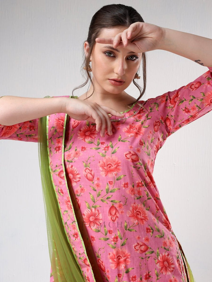 SADABHAR PINK FLORAL PRINT COTTON SHARARA SET - Pomcha Jaipur
